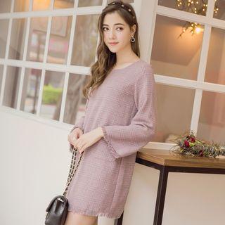 Long-sleeve Plaid Fringed Dress