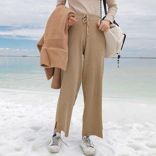 Wide Leg Knit Pants Khaki - One Size