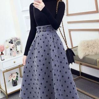 Set:plain Turtle-neck Long-sleeve Sweater + Color-block Polka Dot Dress