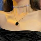 Rhinestone Disc Pendant Layered Necklace Black - One Size