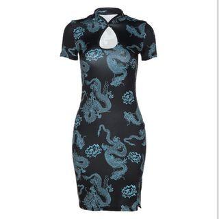 Dragon Print Harem Pants / Short-sleeve Cutout Mini Bodycon Dress