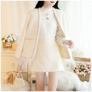 Set: Plain Fringed Jacket + A-line Skirt
