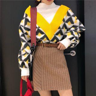 Mock Two Piece Mock Neck Patterned Pullover