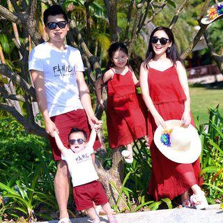 Family Matching Sleeveless V-neck Dress/ Set: Short-sleeve T-shirt + Drawstring Shorts