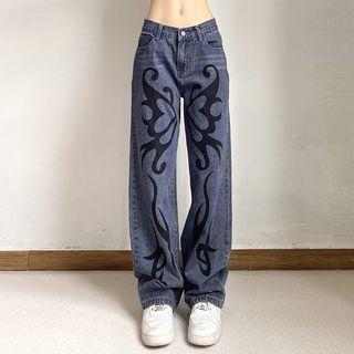 Low Rise Butterfly Print Straight Leg Jeans