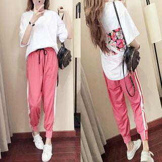 Set: Printed Elbow-sleeve T-shirt + Drawstring Sweatpants