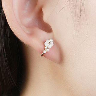 Sterling Silver Faux Pearl Flower Stud Earring 1 Pair - Gold & White - One Size