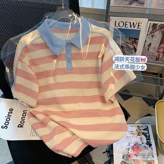 Short-sleeve Striped Polo Collar T-shirt