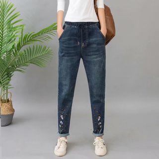 Drawstring Waist Embroidered Slim-fit Jeans