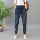 Drawstring Waist Embroidered Slim-fit Jeans