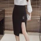 Faux Pearl Asymmetric Hem Midi H-line Skirt