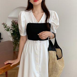 Set: Short-sleeve Button-up Midi Dress + Camisole Top