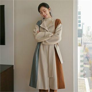 Wool Blend Color-block Long Coat With Sash