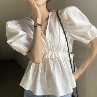 Puff-sleeve V-neck Peplum Blouse White - One Size