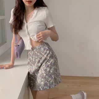 Short-sleeve Ruffle Trim Top / Floral A-line Skirt