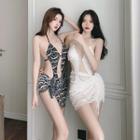 Set: Patterned Fringed Cut-out Swimsuit + Shawl