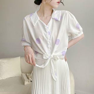 Short-sleeve Dotted Tie-front Blouse