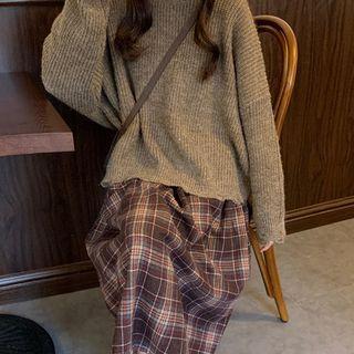 Long-sleeve Sweater + Plaid Midi Skirt