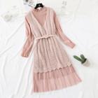 Set: Mesh Panel Long-sleeve Midi A-line Dress + Pointelle Sleeveless Knit Dress