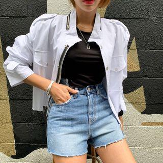 Belted-sleeve Cropped Military Jacket