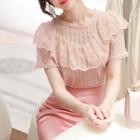 Round-neck Frill-trim Lace Top