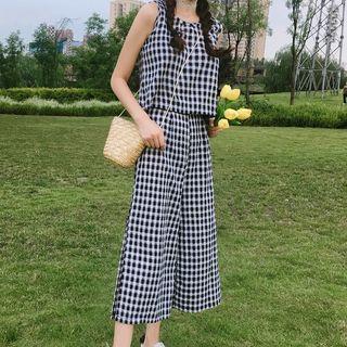 Set: Plaid Sleeveless Top + Slit Wide-leg Pants