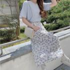 Short-sleeve T-shirt / Floral Print Midi A-line Dress / Set