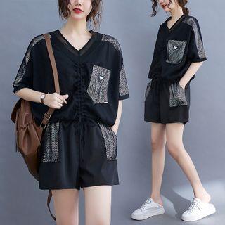 Set: Short-sleeve Pattern Panel Drawstring Blouse + Shorts