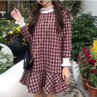 Frilled Trim Ruffled Hem Plaid Dress
