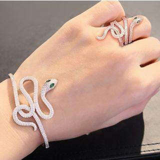 Set: Rhinestone Snake Ring + Bangle Bangle & Open Ring - Snake - Eyes - Green - One Size