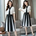 Set: V-neck Elbow-sleeve Blouse + Two-tone A-line Skirt
