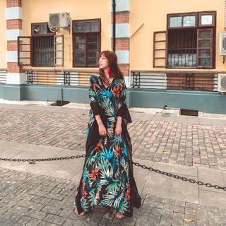 3/4-sleeve Floral Print Maxi A-line Dress Black - One Size