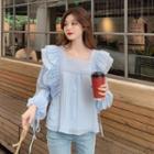 Lantern-sleeve Chiffon Blouse Light Blue - One Size