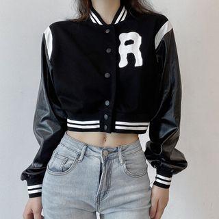 Lettering Pu Leather Baseball Jacket