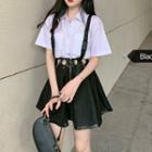 Elbow-sleeve Shirt / Suspender Metal Accent A-line Mini Skirt