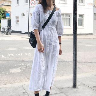 Elbow-sleeve Buttoned Midi A-line Dress White - One Size