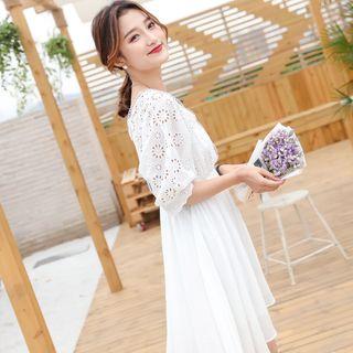 Elbow-sleeve Eyelet Lace Panel Mini A-line Dress