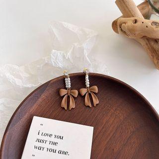 Bow Faux Pearl Alloy Dangle Earring 1 Pair - Dark Brown - One Size