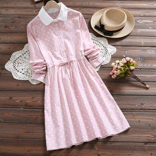 Long-sleeve Polka Dot A-line Collared Dress