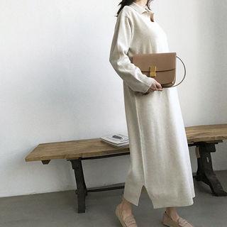 Open-placket Wool Maxi Shirtdress