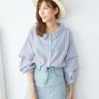 Puff Sleeve Striped Blouse Blue - One Size