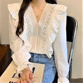Eyelet Lace V-neck Ruffle Blouse
