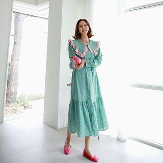 Capelet Ruffled Floral Long Shirtdress
