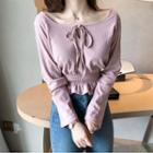 Long-sleeve Tie-neck Cropped Knit Top