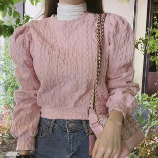 Puff-sleeve Pattern-embossed Crop Top