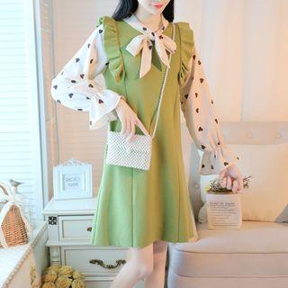 Mock Two-piece Tie-neck Ruffled Dress
