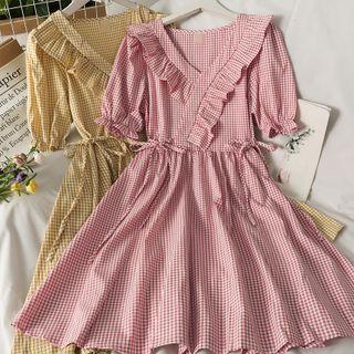 Checker Tie-waist Ruffle-trim Midi Dress In 5 Colors