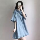 Short-sleeve Ruffle Trim Mini A-line Dress Blue - One Size