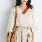 Color-block V-neck Elbow-sleeve Top