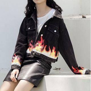 Flame Print Single-breasted Denim Cropped Jacket